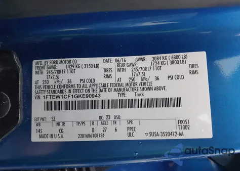 2016 Ford F-150 Xl из США, поврежденный, VIN 1FTEW1CF1GKE90943